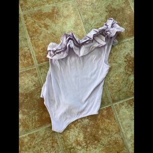 Like New Express Lilac Ribbed and Ruffled One Shoulder Bodysuit L Large